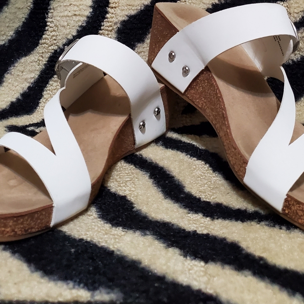 White leather and cork wedges. Sz 9
